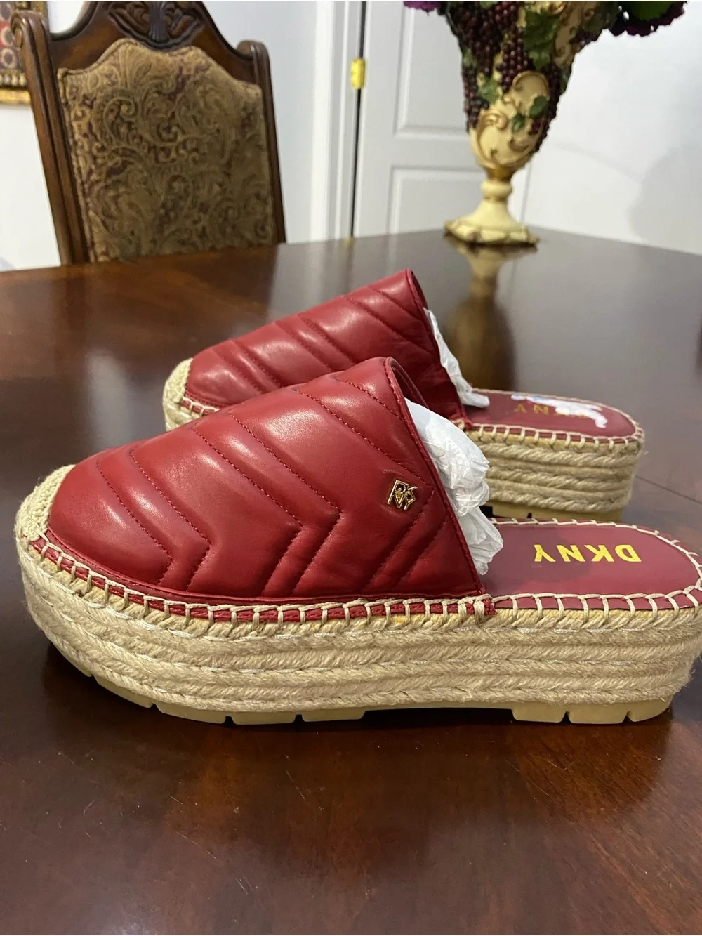 DKNY Quilted Red Leather Espadrille Platform Slip-On